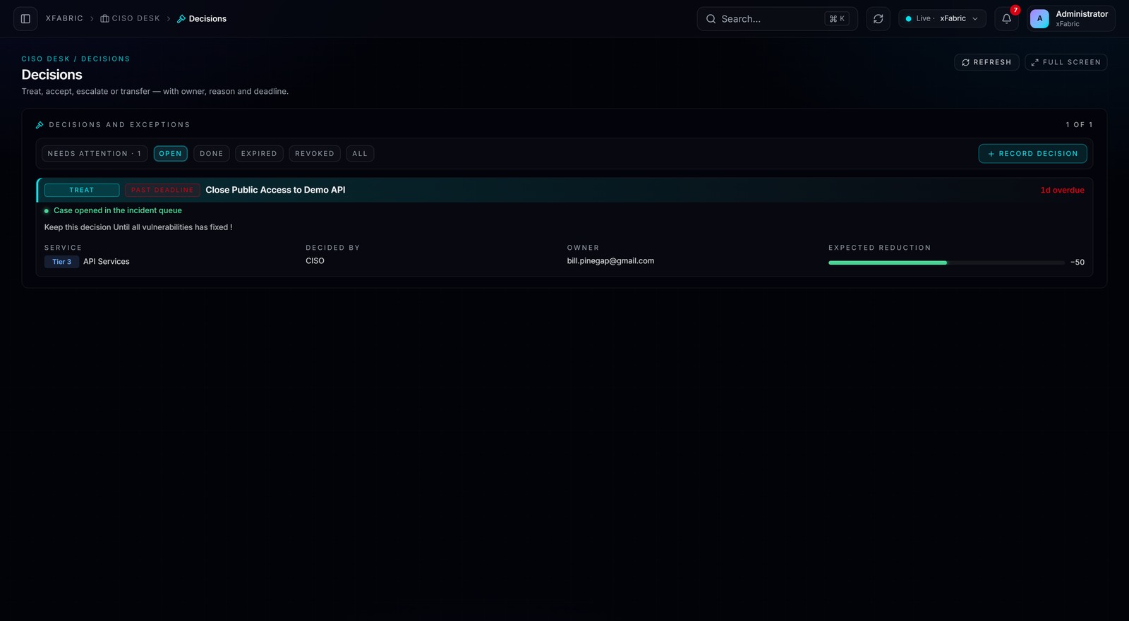 Decision Register — tela real da plataforma