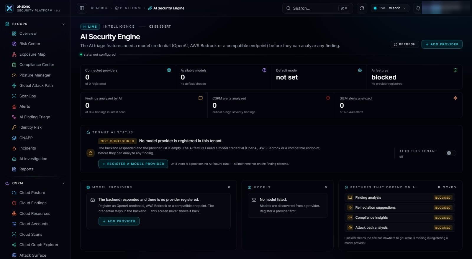 AI Security Engine — tela real da plataforma