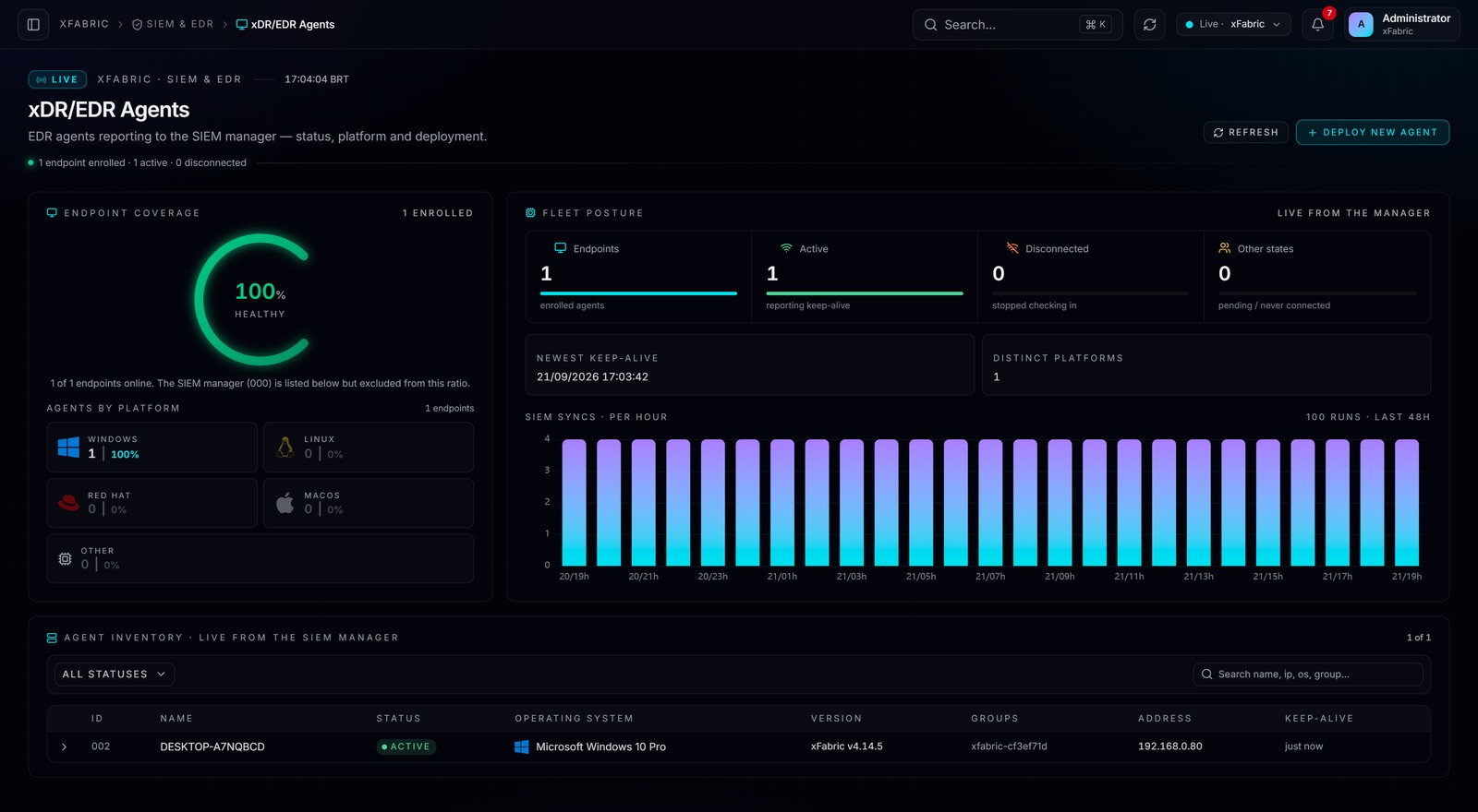 XDR EDR Agents — tela real da plataforma