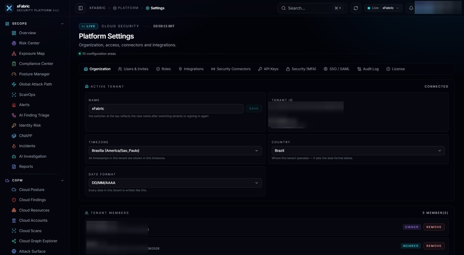 Settings — tela real da plataforma