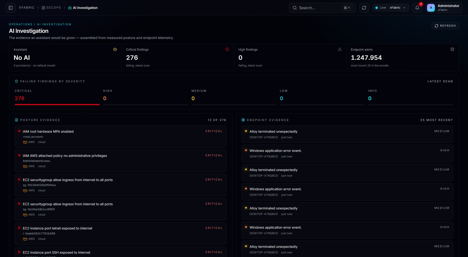 AI Investigation — tela real da plataforma