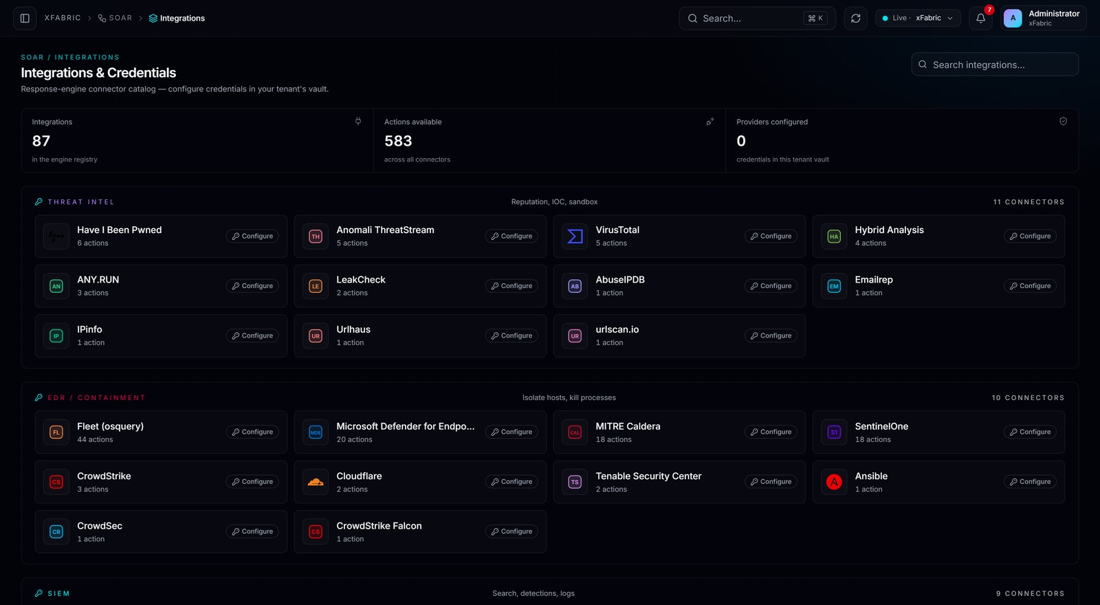 SOAR Integrations — tela real da plataforma