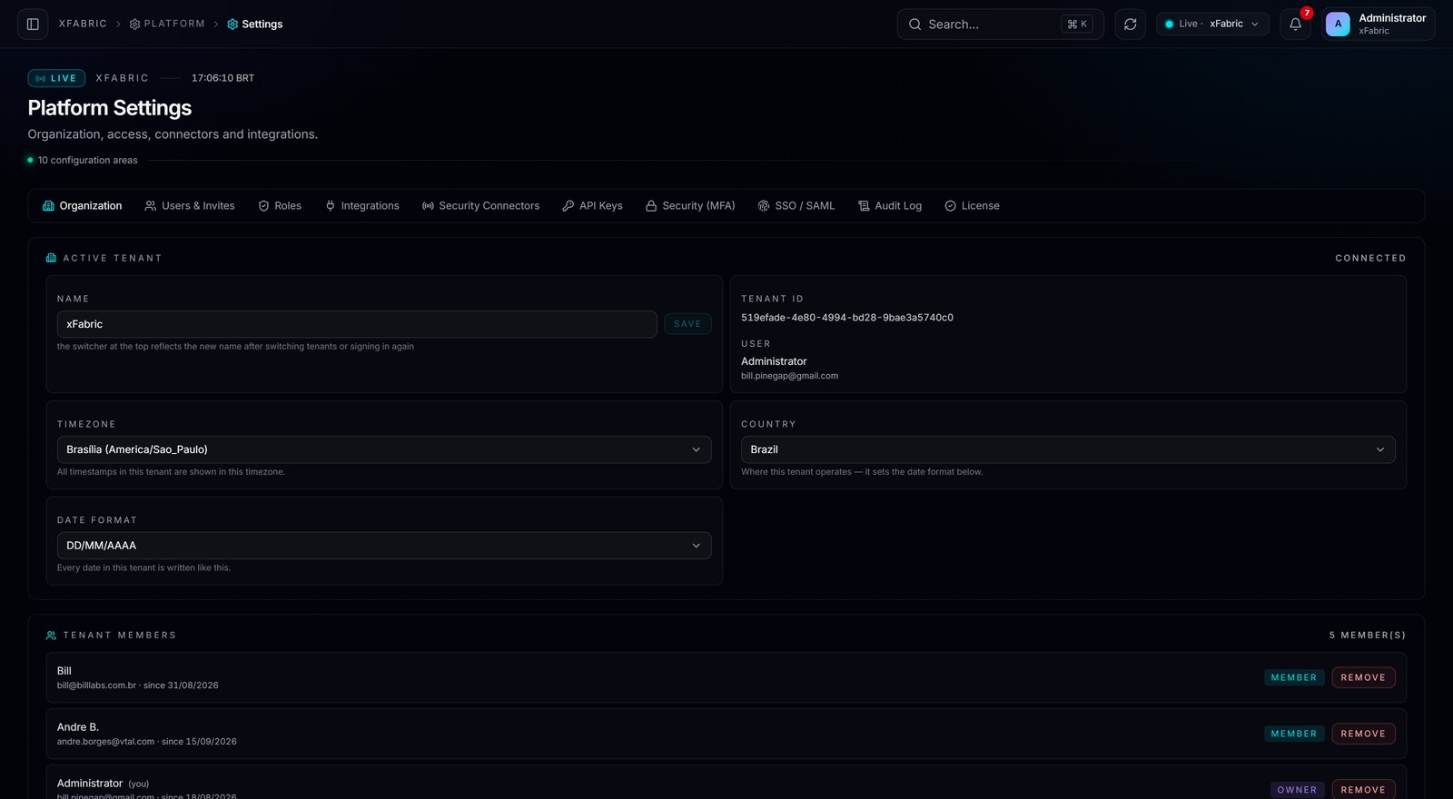 Settings — tela real da plataforma