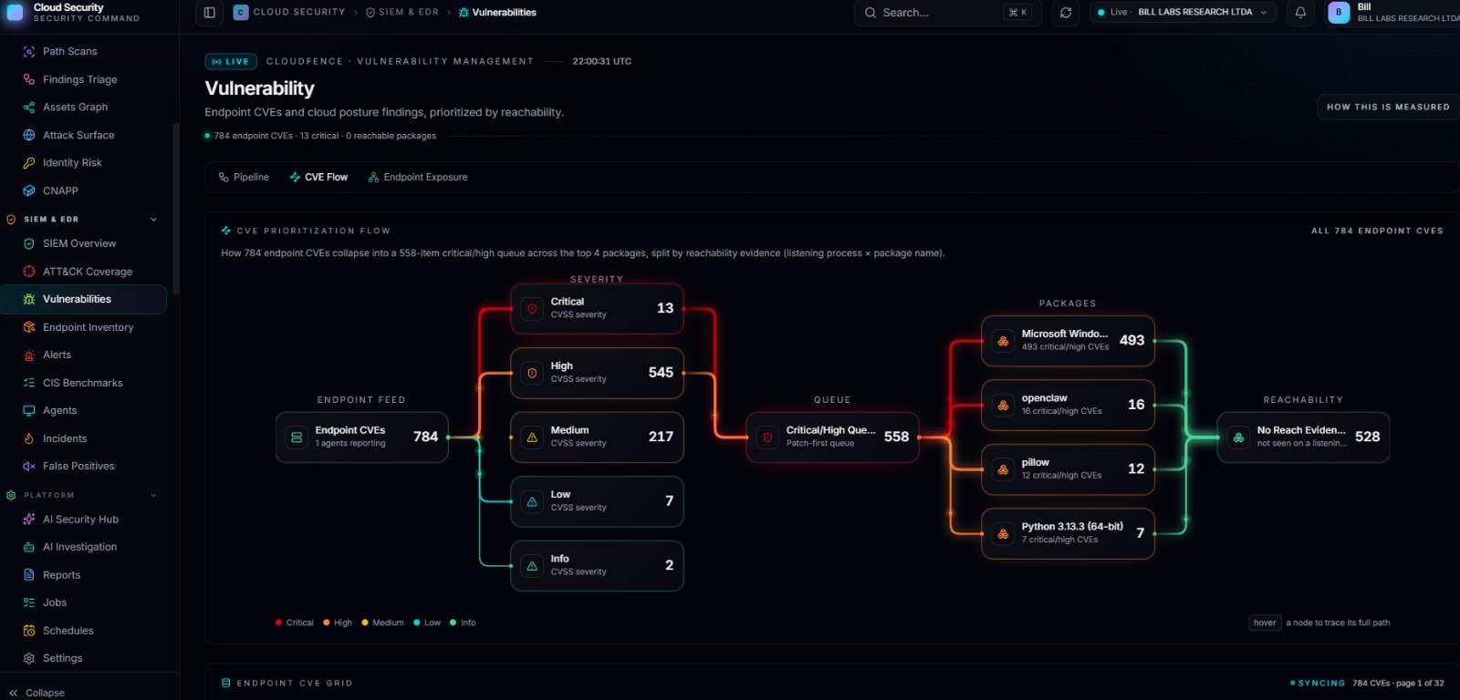 Gestão de vulnerabilidades — tela real da plataforma